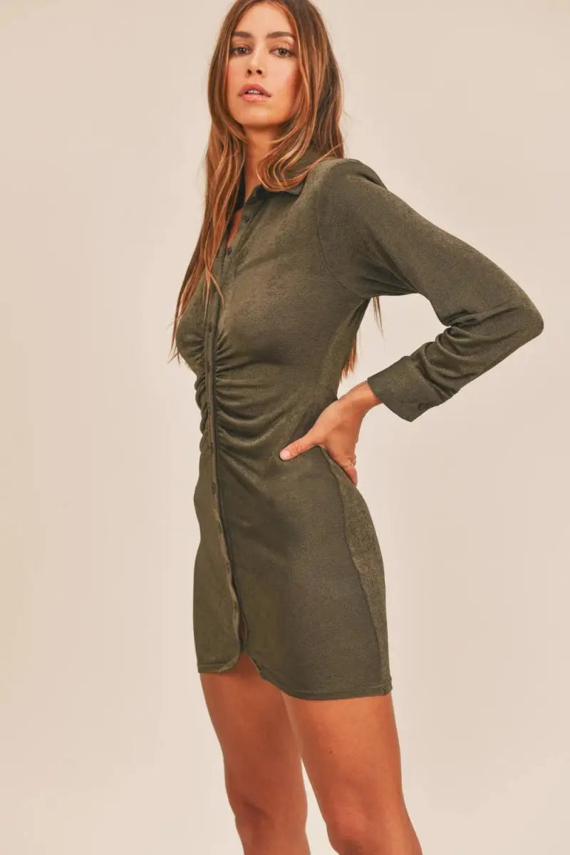 MABLE Front Ruched Button-Down Skinny Mini Shirt Dress - Love Salve